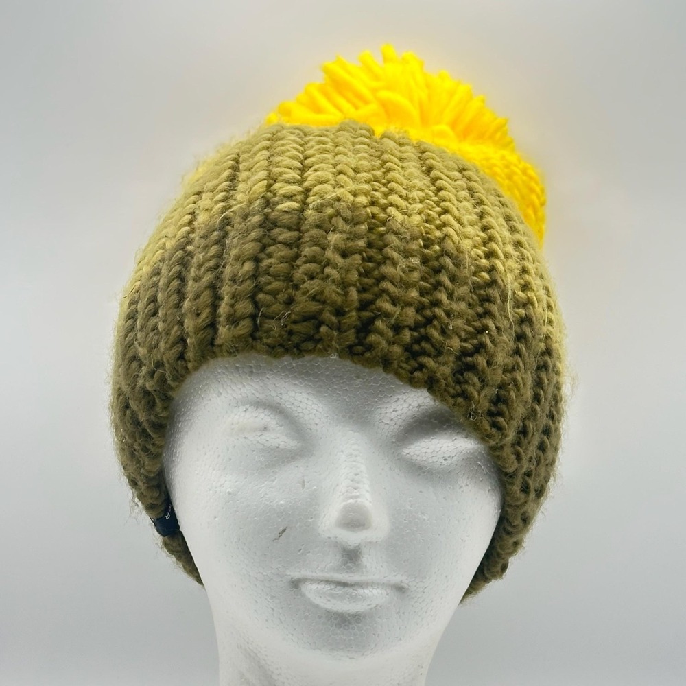 Spyder Hat Cap Fitted Olive Green‎ Yellow Pom US Ski Team Winter Knit Mens Large